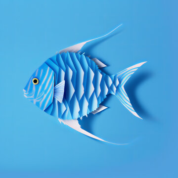 Paper craft blue fish. Origami fish on blue background. Digital art paper blue fish. Design element.