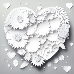 White paper heart with flower decorations. Paper craft flower background. Origami flower background. Valentine's day frame. Mother's day frame.