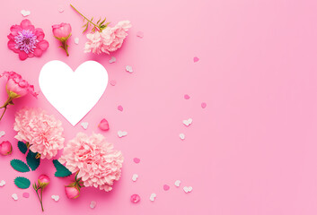 Valentines day concept. Mother's day concept. Valentine's Day background. Pink flowers, hearts on pastel pink background. Flat lay, top view, copy space