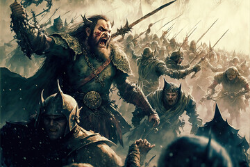 Fototapeta premium Fantasy concept art featuring viking barbarian warriors in a battlefield at war. Drawing swords and fighting in a large army concept art. Middle ages battle featuring vikings.
