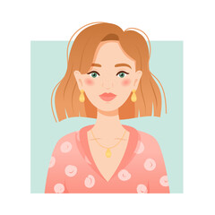 Woman portrait, ginger or red hair young woman with trendy hairstyle. Vector illustration in flat cartoon style