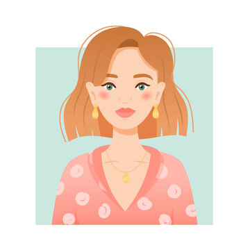 Woman portrait, ginger or red hair young woman with trendy hairstyle. Vector illustration in flat cartoon style