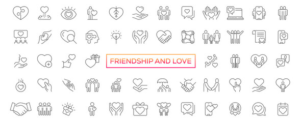 Friendship and Love Vector Line Icons Set. Relationship, Mutual Understanding, Mutual Assistance, Interaction