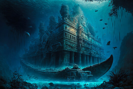 The lost city of Atlantis artwork. Epic fantasy illustration of the lost civilisation submerged under the Atlantic Ocean. Mythical architecture under water of an ancient remains of a great city.