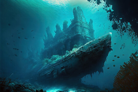 The lost city of Atlantic art. Digital illustration featuring a lost ancient civilisation underwater on the seafloor. Sunken stone structures and buildings in a submerged fantasy mythological city.