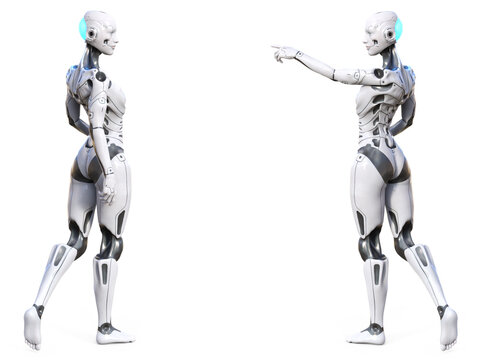 3D rendering of two female androids facing each other.