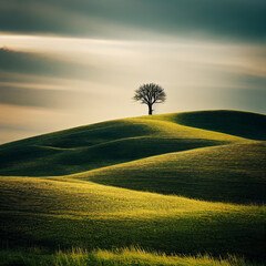 lonely tree on rolling hills