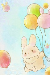 ハガキサイズの風船で空飛ぶうさぎ　(コピースペース有り版&縦ver)      