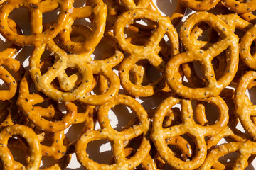 Background texture of salt pretzels, traditional beer snack