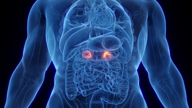 3d rendered medical animation of the adrenal glands of an adult human male