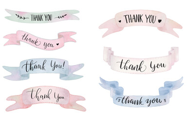hand drawn watercolor set of stripes, ribbons isolated on white background, sketch style, eight elements with thank you calligraphy