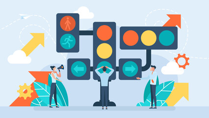 A confused man is faced with a choice. Many business rules. Traffic light. Various traffic lights show the way. Concept of rule, permission, prohibition, restriction. Flat vector illustration