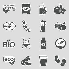 Raw Food Diet Icons. Sticker Design. Vector Illustration.
