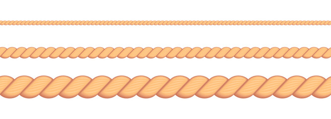 Vector illustration of different thickness ropes isolated on white background. Realistic vintage ropes seamless pattern.