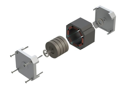 Stepper motor exploded view 3D rendering isolated on white background