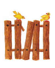 Yellow birds sitting on the fence. Watercolor illustration for the design of children's printed products. Simple forms. Chicks on the fence. 