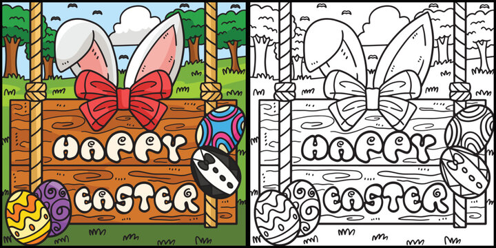 Happy Easter Coloring Page Colored Illustration