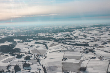 Views from above of Belgium from an airplane. Different city views of the air.