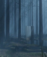 Sci-Fi mystical surreal dark forest with God rays and mirror. 3d render, 3d illustration.