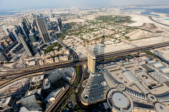 Panoramic top view of Dubai in UAE. Modern arab city architecture