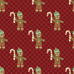 Cute gingerbread men, candy canes vector pattern background. Traditional Christmas smiling laughing cookie character motifs on red criss cross backdrop. Fun festive hand drawn style for Holidays.