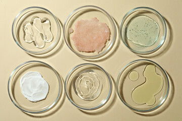 Many Petri dishes and cosmetic products on beige background, flat lay