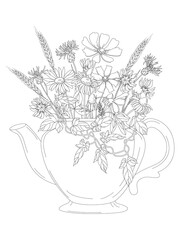 Vector bouquet of flowers in a teapot isolated on a white background. Collection of a bouquet of flowers in a tea set.