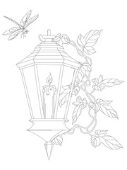 Silhouette lantern or hanging lamp and candles with flowers. Illustration icon symbol logo vector design vintage retro style.