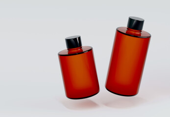 Two plastic shampoo bottles floating on gray background 3D render mockup