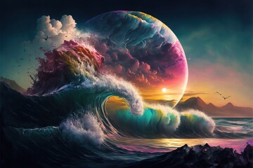 World within worlds - moon as a portal rift to another dimension in time and space with turbulent ocean waves and surreal clouds. Fantasy unreal sci-fi seascape digital illustration. - obrazy, fototapety, plakaty