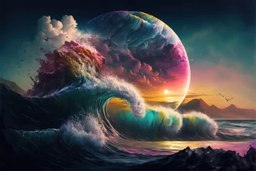 World within worlds - moon as a portal rift to another dimension in time and space with turbulent ocean waves and surreal clouds. Fantasy unreal sci-fi seascape digital illustration. © Everlasting Dreams