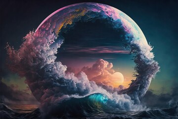 World within worlds - moon as a portal rift to another dimension in time and space with turbulent ocean waves and surreal clouds. Fantasy unreal sci-fi seascape digital illustration. - obrazy, fototapety, plakaty