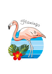 Beautiful pink flamingo and tropical leaves. Stylish design