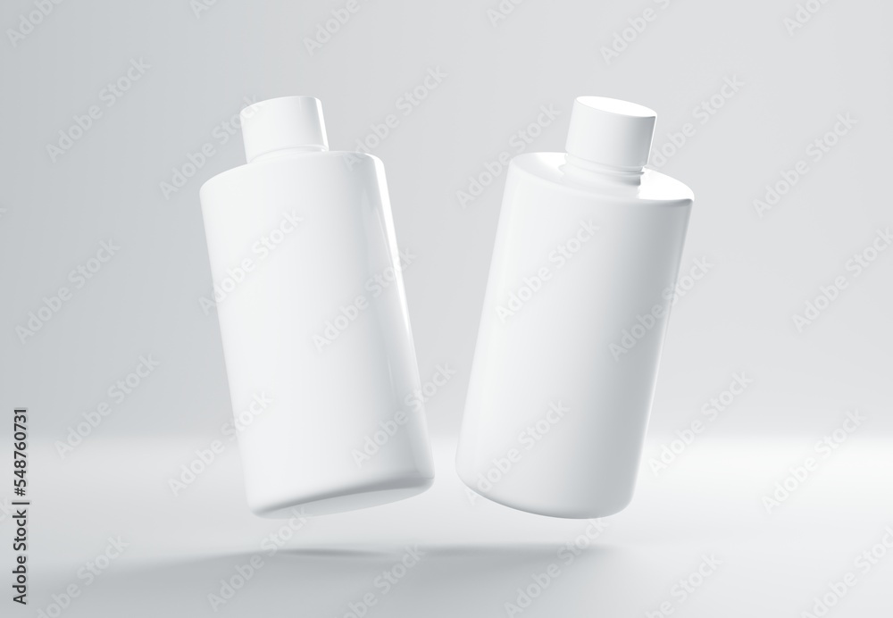 Wall mural two plastic shampoo bottles floating on gray background 3d render mockup