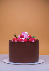 Homemade chocolate cake topped with whipped ganache