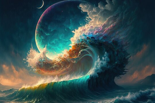 World within worlds - moon as a portal rift to another dimension in time and space with turbulent ocean waves and surreal clouds. Fantasy unreal sci-fi seascape digital illustration.