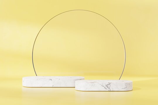 White marble stone podium on yellow abstract background.