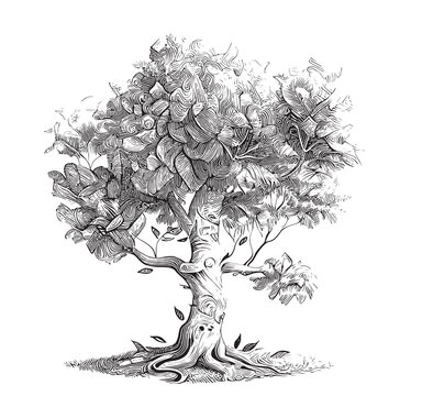 Tree of life sketch hand drawn line art Vector illustration.