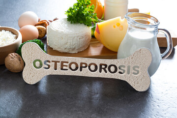 Osteoporosis concept. Food products recommended for osteoporosis, diary and non-diary products rich in calcium - obrazy, fototapety, plakaty