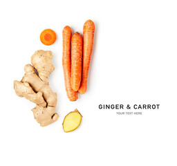 Fresh carrot and ginger isolated on white background.