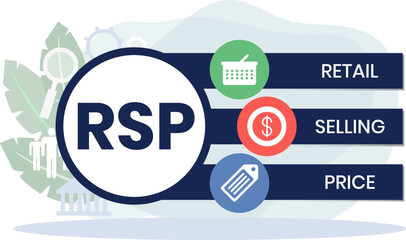 RSP - retail selling price. acronym business concept. vector illustration concept with keywords and icons. lettering illustration with icons for web banner, flyer, landing page, presentation - obrazy, fototapety, plakaty