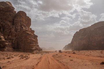 Red mountains of the canyon of Wadi Rum desert in Jordan.