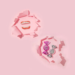 Christmas creative layout with fake teeth and christmas candy decoration pop up from pastel pink background. 80s or 90s retro fashion aesthetic concept. Minimal New Year or Christmas celebration idea.