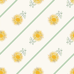 Inula flower seamless vector pattern background. Perennial cottage garden flowers yellow green diagonal stripe backdrop. Giant Fleabane painterly geometric design. Maximalist cottagecore for summer