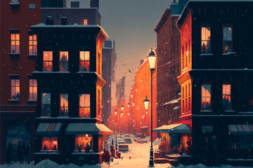 Christmas town with snow and warm light decoration in winter season. Houses and buildings street. Winter landscape wallpaper. Christmas Holiday illustration. 