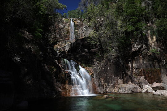 A view of the Cascata Fecha de Barjas waterfalls in the Peneda-Geres National Park in Portugal
