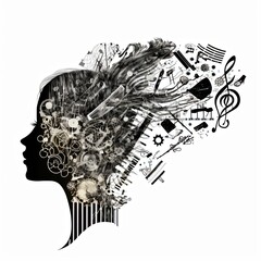 Girl face with music tool collage hairs.  Passion for music concept. Illustration on white background	