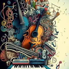 Music tools Cartoon cute doodles Music pattern. Colorful detailed, with lots of objects background.