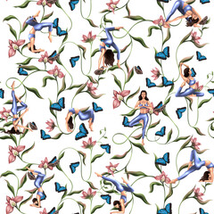 Yoga poses, butterflies, flowers. Healthy Lifestyle, sport