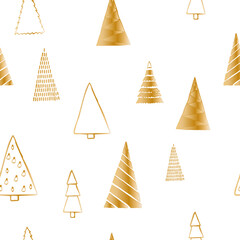 Vector seamless pattern with christmas trees in gold color on white background. Doodle style for decoration, wrapping, invitation.